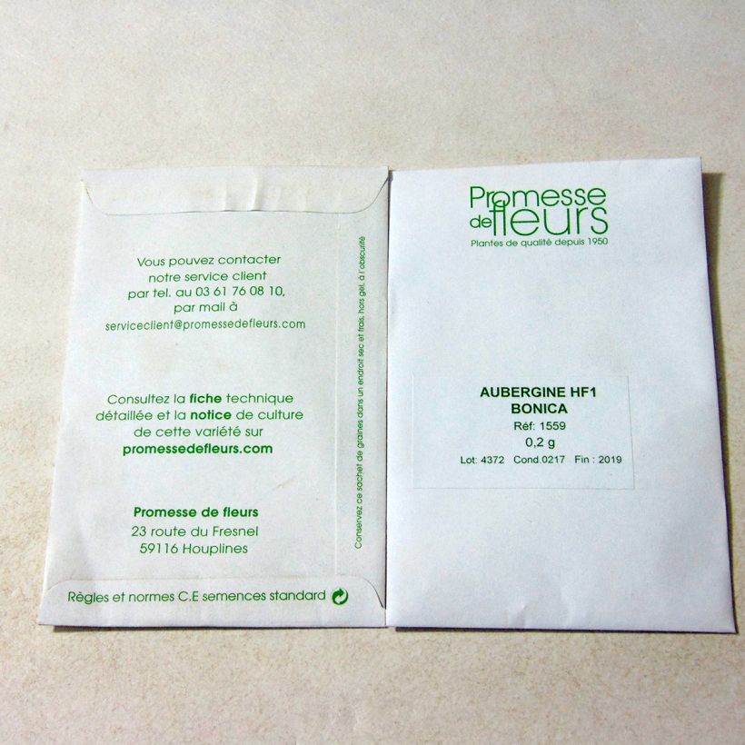 Voorbeeld van een exemplaar van Aubergine Bonica F1 het zakje met 35 zaden (0,2g) zoals geleverd