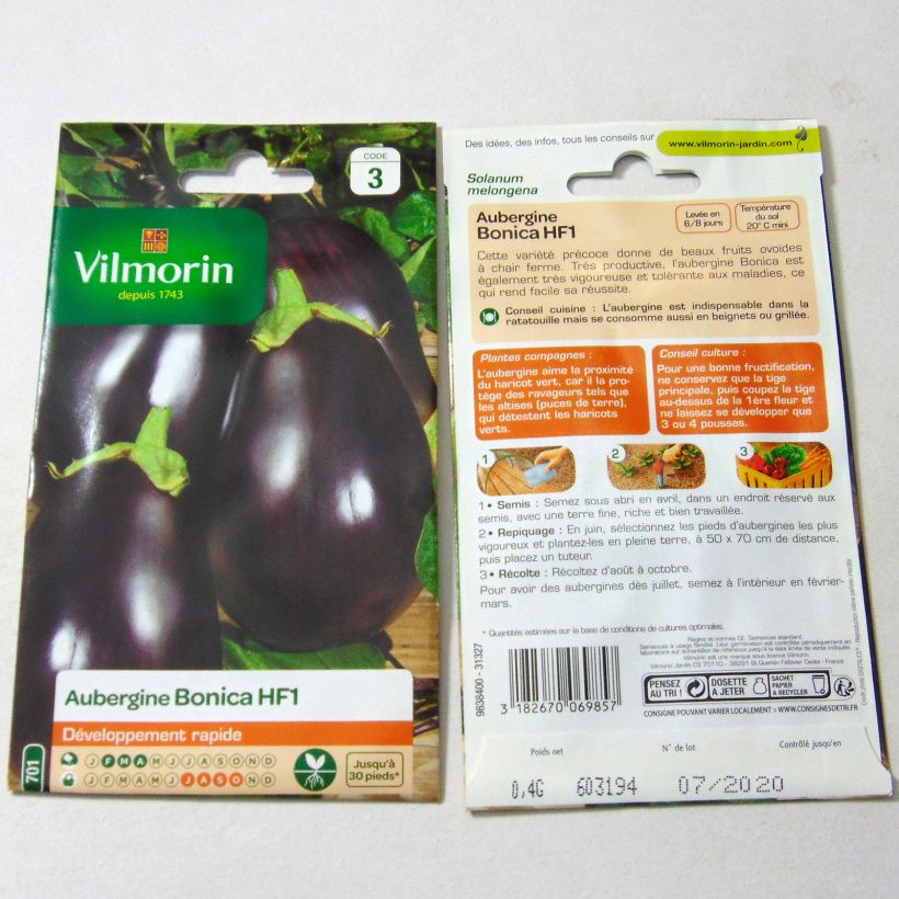 Voorbeeld van een exemplaar van Aubergine Bonica F1 - Vilmorin het zakje met 50 zaden (0.4g) zoals geleverd