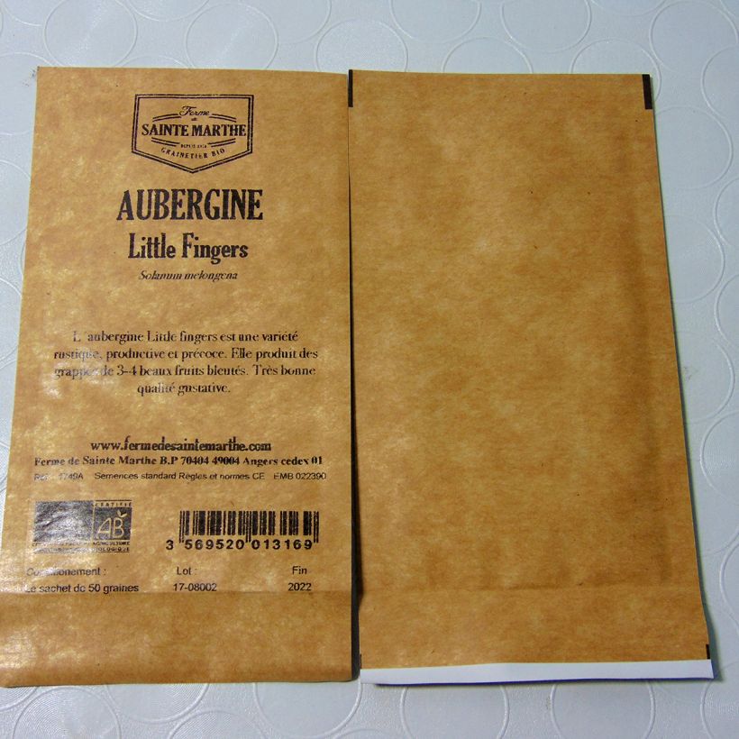 Voorbeeld van een exemplaar van Aubergine Little Fingers BIO - Ferme de Sainte Marthe het zakje met 50 zaden zoals geleverd