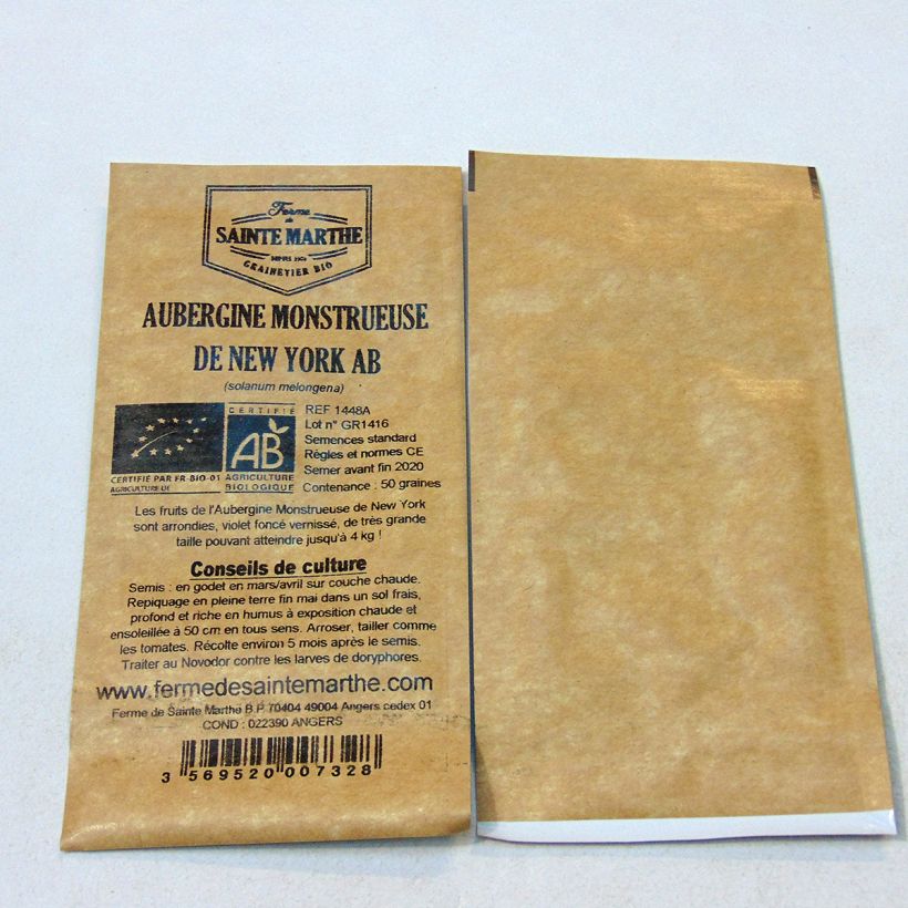 Voorbeeld van een exemplaar van Aubergine Reuze van New York BIO - Ferme de Sainte Marthe het zakje met 50 zaden zoals geleverd