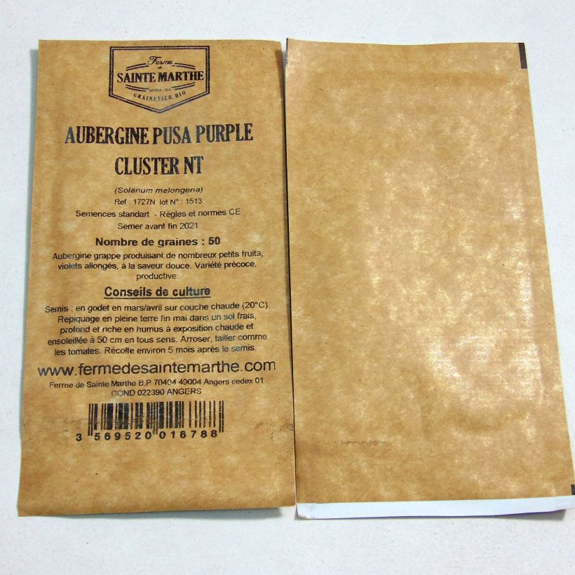 Voorbeeld van een exemplaar van Aubergine Pusa Purple Cluster - Ferme de Sainte Marthe het zakje met 50 zaden zoals geleverd