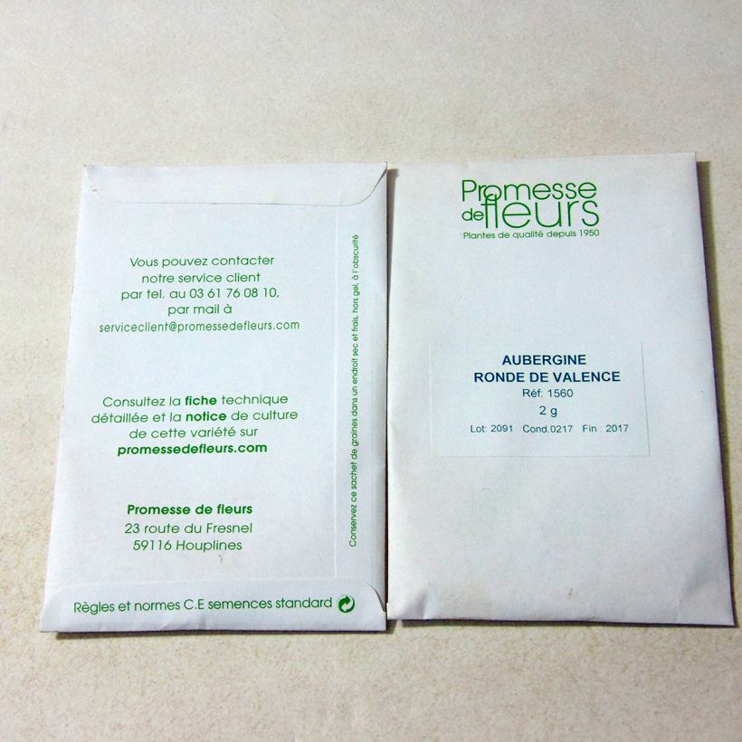 Voorbeeld van een exemplaar van Aubergine Ronde van Valencia het zakje met 400 zaden (2g) zoals geleverd