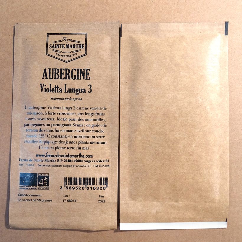 Voorbeeld van een exemplaar van Aubergine Violetta Lunga 3 BIO - Ferme de Sainte Marthe het zakje met 50 zaden (0.2g) zoals geleverd
