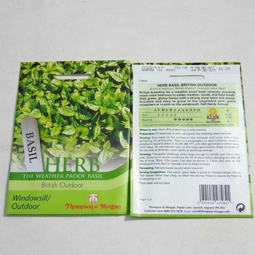 Voorbeeld van een exemplaar van Basilicum British Outdoor het zakje met 100 zaden zoals geleverd