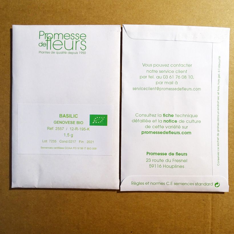 Voorbeeld van een exemplaar van Basilicum Genovese BIO het zakje met 800 zaden (1,5g) zoals geleverd