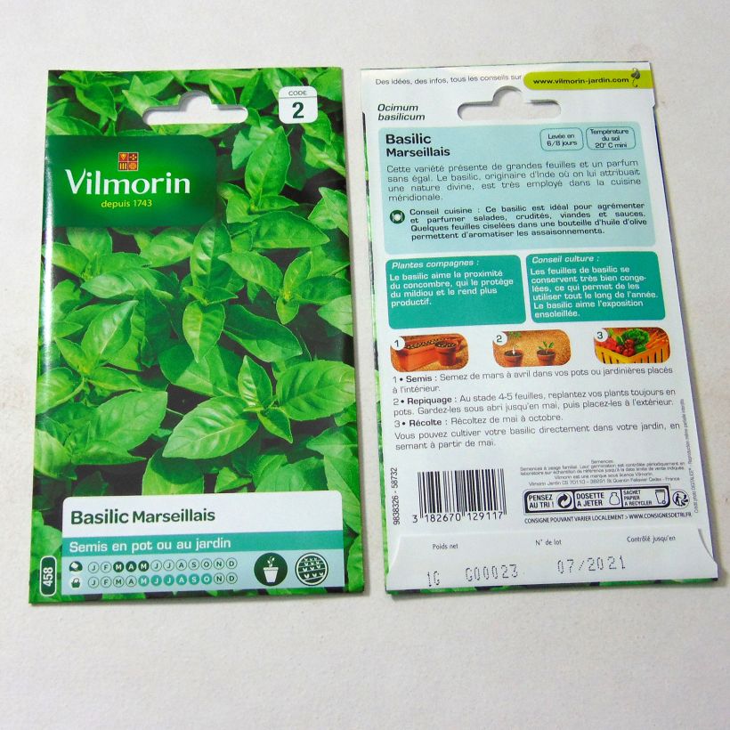Voorbeeld van een exemplaar van Basilicum Marseillais - Vilmorin het zakje met 800 zaden (1g) zoals geleverd