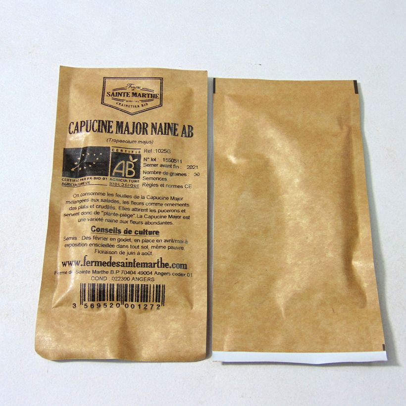 Voorbeeld van een exemplaar van Oostindische kers Duimpje BIO - Ferme de Sainte Marthe het zakje met 30 zaden zoals geleverd