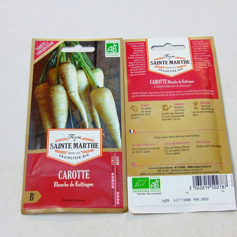 Voorbeeld van een exemplaar van Wortel Witte van Küttingen BIO - Ferme de Sainte Marthe het zakje met 500 zaden (1.35g) zoals geleverd