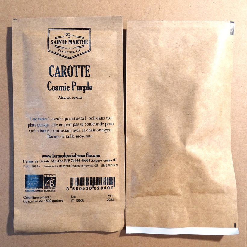 Voorbeeld van een exemplaar van Wortel Cosmic Purple BIO - Ferme de Sainte Marthe het zakje met 1500 zaden zoals geleverd