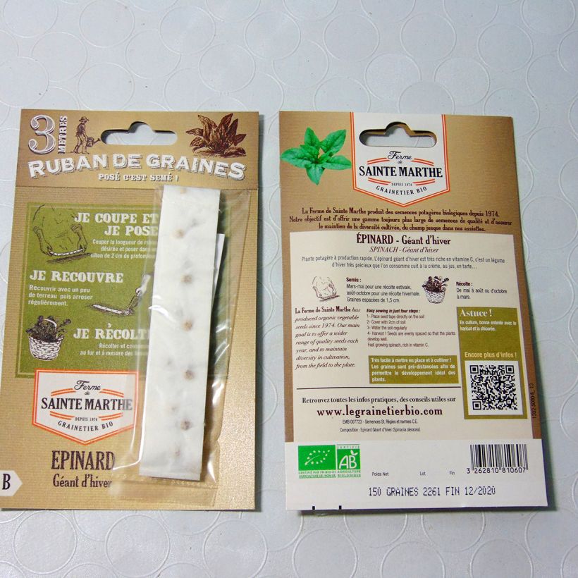 Voorbeeld van een exemplaar van Spinazie Winterreuzen BIO - Ferme de Sainte Marthe (zaailint) het zakje zaden van 2 gram zoals geleverd