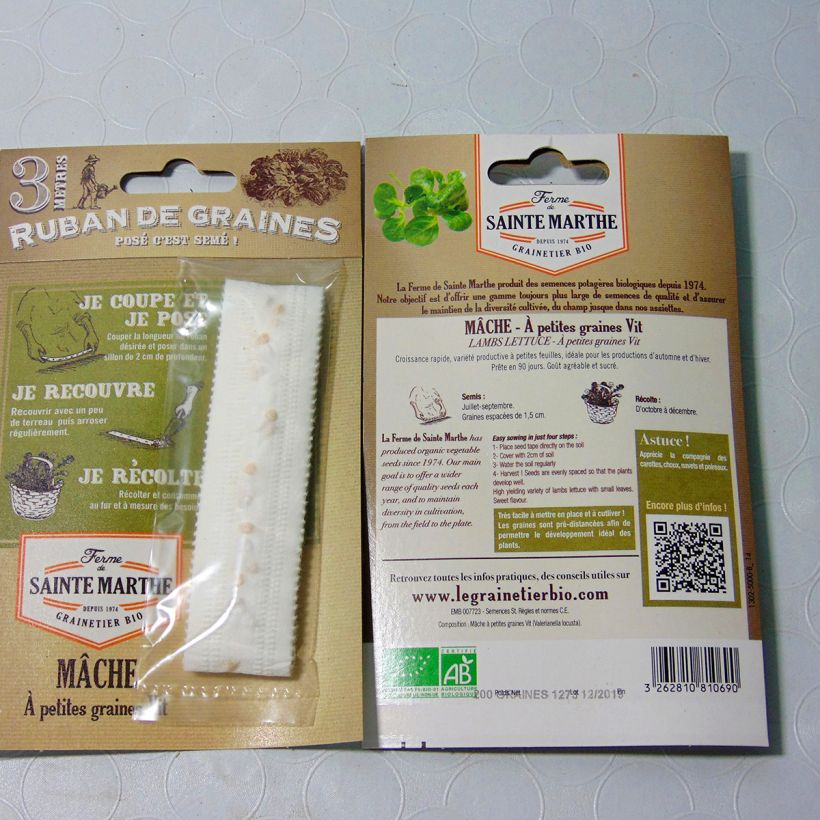 Voorbeeld van een exemplaar van Veldsla Vit BIO - Ferme de Sainte Marthe (zaailint) Zaden op lint zoals geleverd