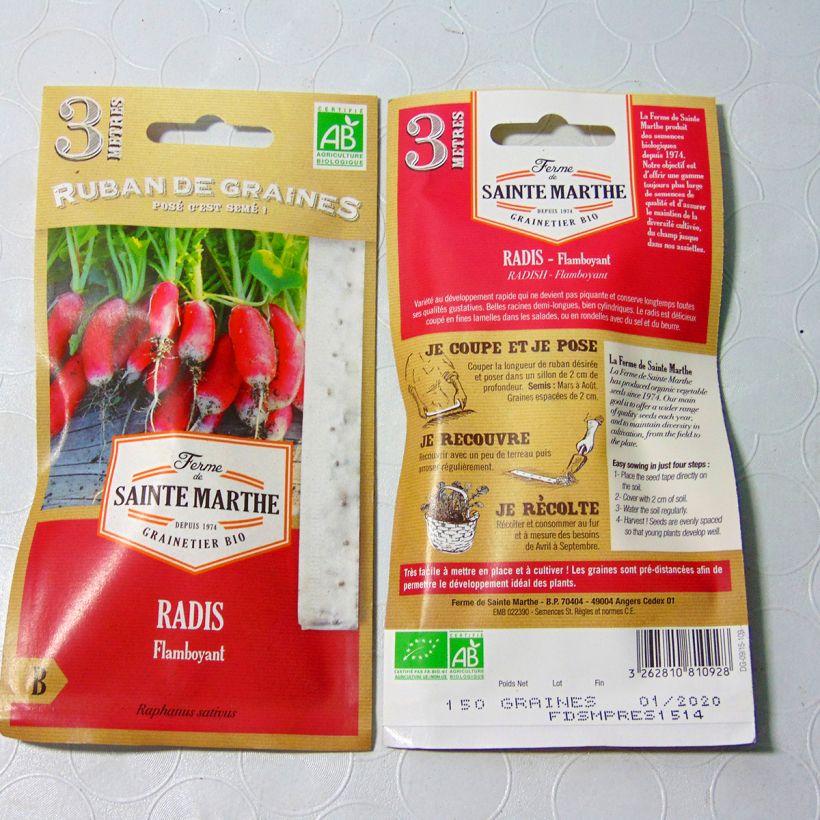 Voorbeeld van een exemplaar van Radijs Flamboyant BIO - Ferme de Sainte Marthe (zaailint) het zakje zaden van 1 gram zoals geleverd