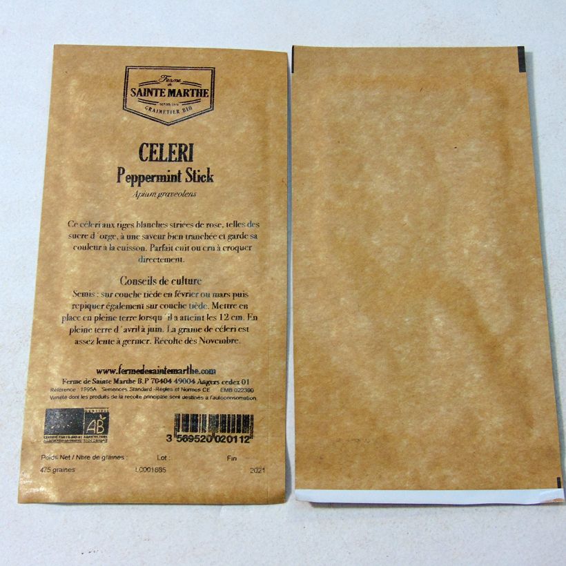 Voorbeeld van een exemplaar van Bleekselderij Peppermint Stick BIO - Ferme de Sainte Marthe het zakje met 475 zaden zoals geleverd