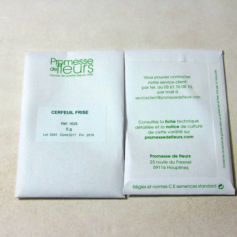 Voorbeeld van een exemplaar van Gekrulde kervel - Anthriscus cerefolium het zakje met 1700 zaden (5g) zoals geleverd