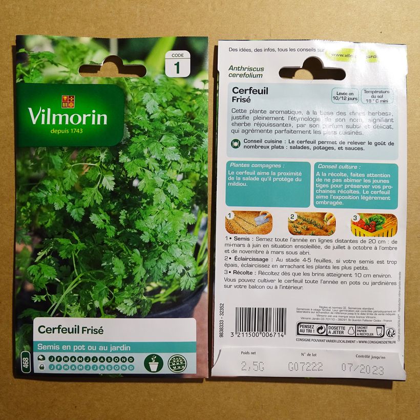 Voorbeeld van een exemplaar van Krulkervel Vilmorin - Anthriscus cerefolium het zakje met 30 zaden (2g) zoals geleverd