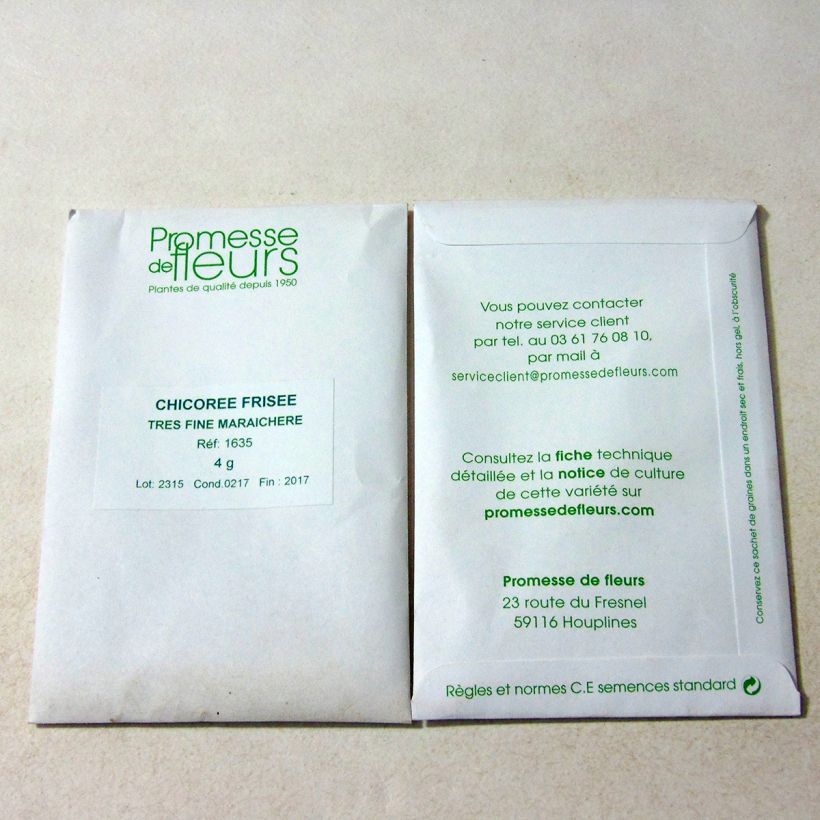 Voorbeeld van een exemplaar van Krulandijvie Très Fine Maraîchère het zakje met 2500 zaden (4g) zoals geleverd