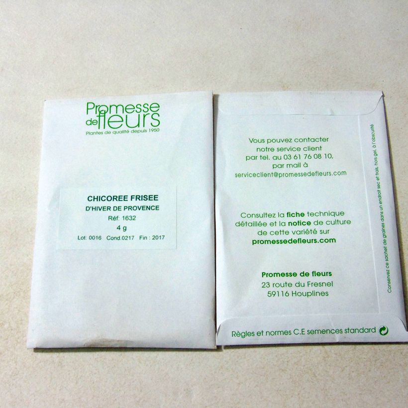 Voorbeeld van een exemplaar van Winter krulandijvie van de Provence het zakje met 2500 zaden (4g) zoals geleverd