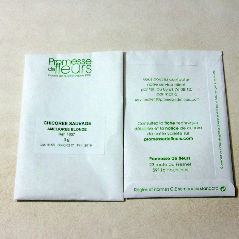 Voorbeeld van een exemplaar van Wilde cichorei méliorée Blonde (Verbeterde blonde) het zakje met 1800 zaden (3g) zoals geleverd