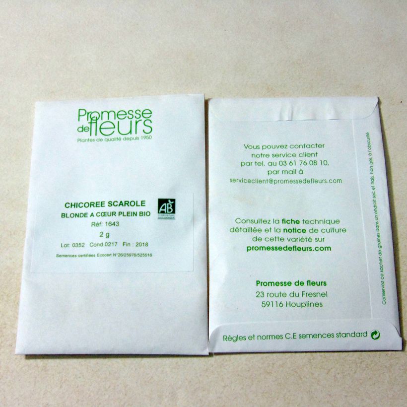 Voorbeeld van een exemplaar van Andijvie Blonde à Coeur Plein (Gele Volhart) BIO het zakje met 1250 zaden (2g) zoals geleverd