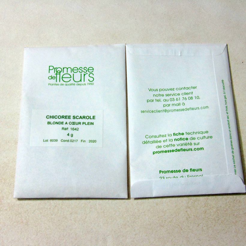 Voorbeeld van een exemplaar van Andijvie Blonde à Coeur Plein (Gele Volhart) het zakje met 2500 zaden (4g) zoals geleverd