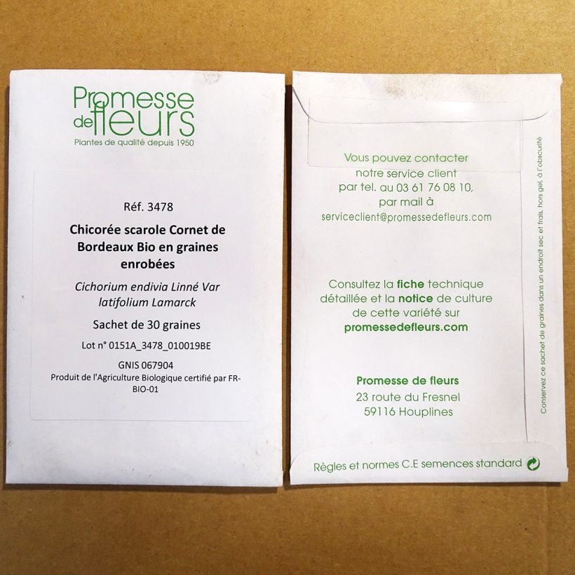 Voorbeeld van een exemplaar van Andijvie Cornet van Bordeaux BIO (zaad - gecoat) het zakje met 30 zaden - Gecoate zaden zoals geleverd