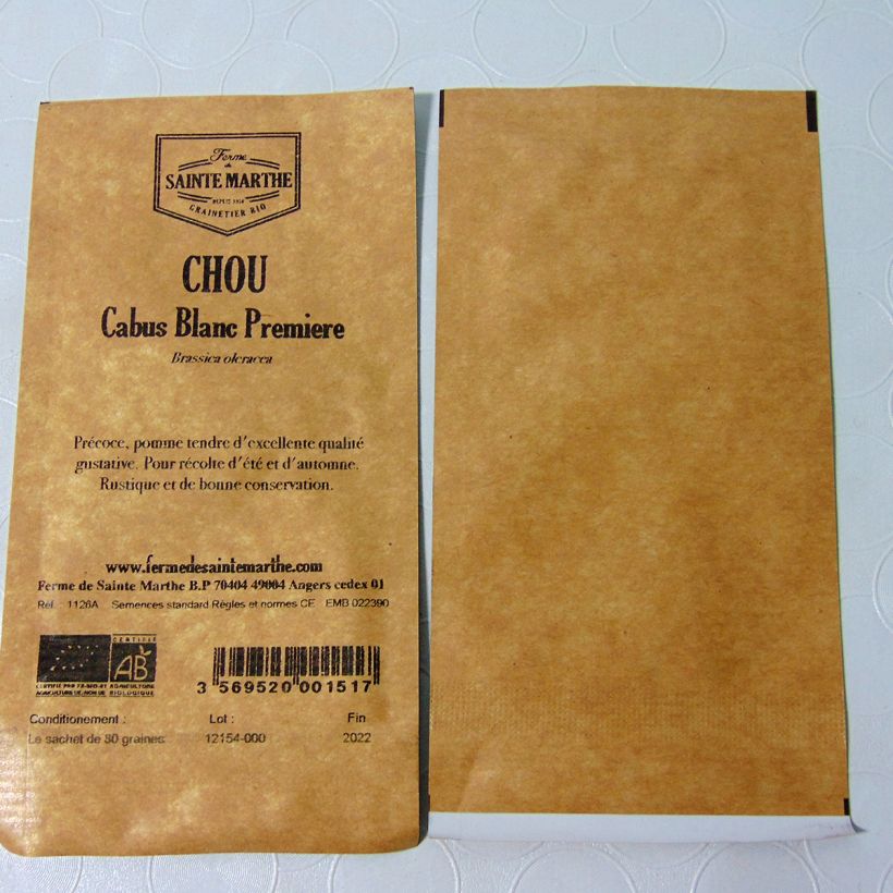 Voorbeeld van een exemplaar van Witte kool Witte Eerste BIO - Ferme de Sainte Marthe het zakje met 80 zaden zoals geleverd