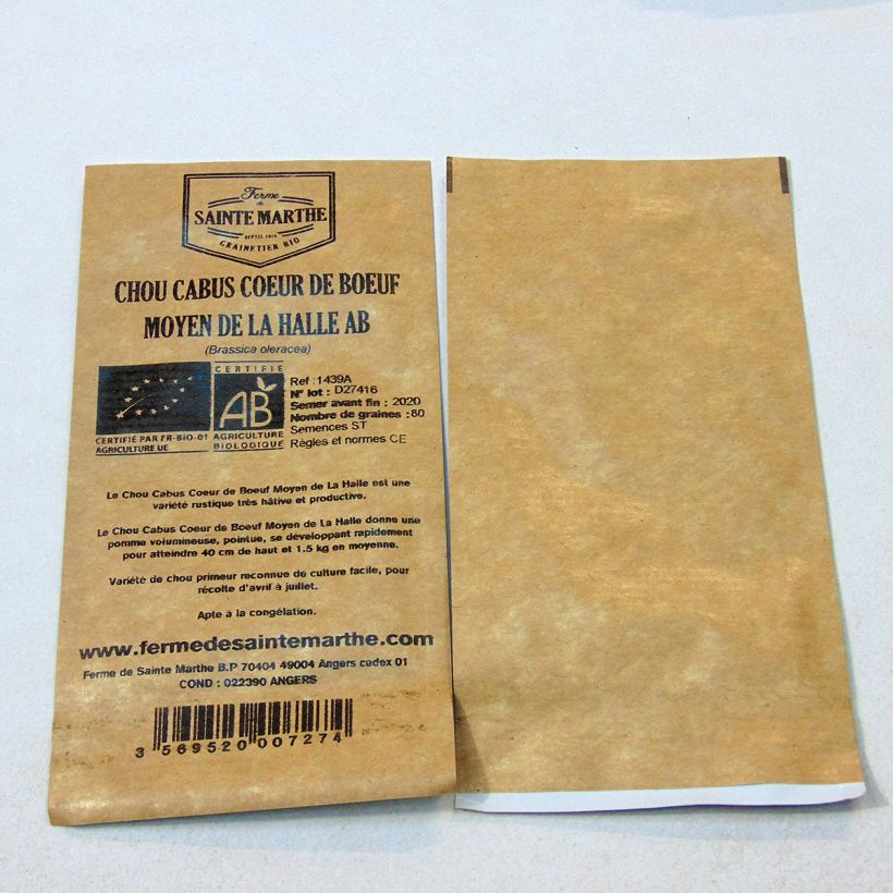 Voorbeeld van een exemplaar van Witte kool Ossenhart middel van de Halle BIO - Ferme de Sainte Marthe het zakje met 80 zaden zoals geleverd