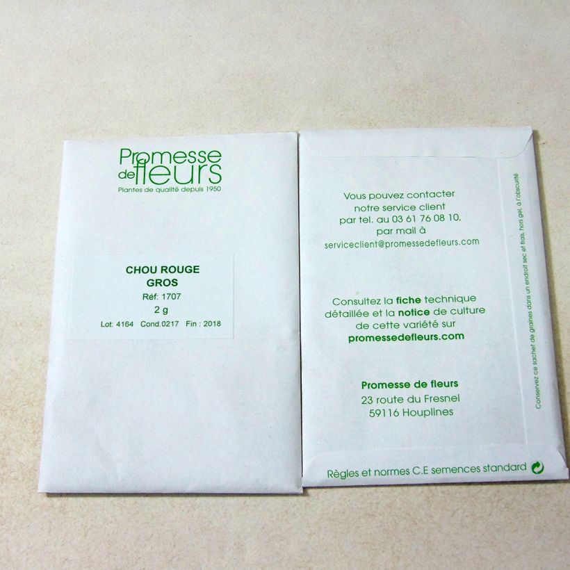 Voorbeeld van een exemplaar van Rode kool Rouge Gros het zakje met 500 zaden (2g) zoals geleverd
