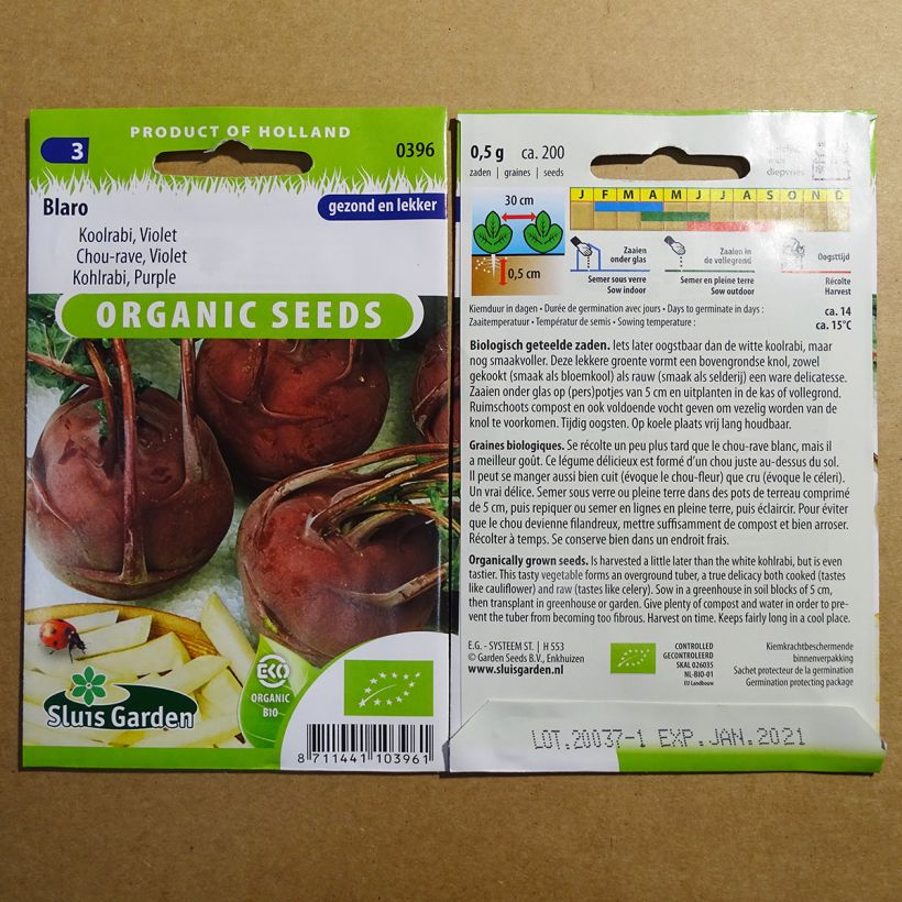 Voorbeeld van een exemplaar van Koolrabi Blaro Violet BIO het zakje met 200 zaden zoals geleverd