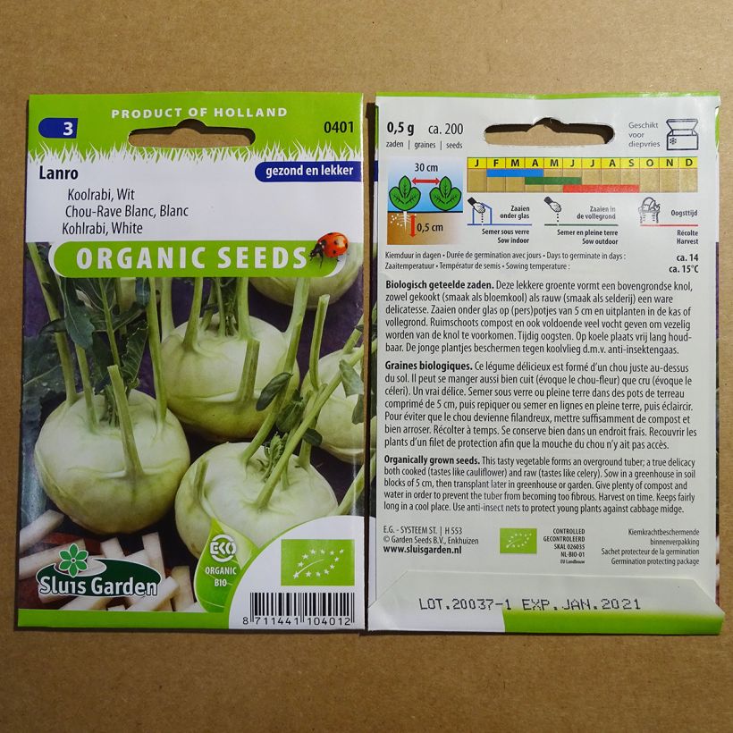 Voorbeeld van een exemplaar van Koolrabi Lanro BIO het zakje met 200 zaden zoals geleverd