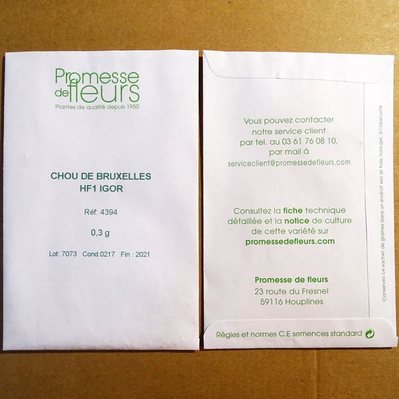 Voorbeeld van een exemplaar van Spruitkool Igor F1 het zakje met 75 zaden (0,3g) zoals geleverd