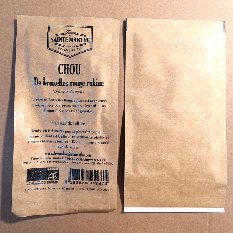 Voorbeeld van een exemplaar van Spruitkool Rubine BIO - Ferme de Sainte Marthe het zakje met 80 zaden zoals geleverd