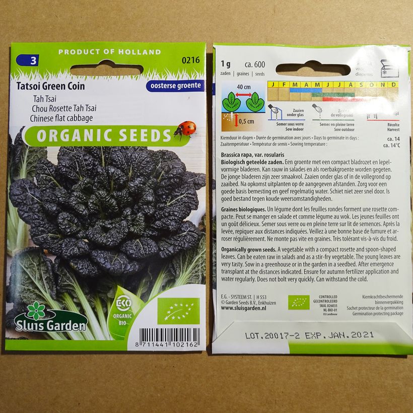 Voorbeeld van een exemplaar van Tatsoi - Brassica rapa het zakje met 400 zaden (1g) zoals geleverd