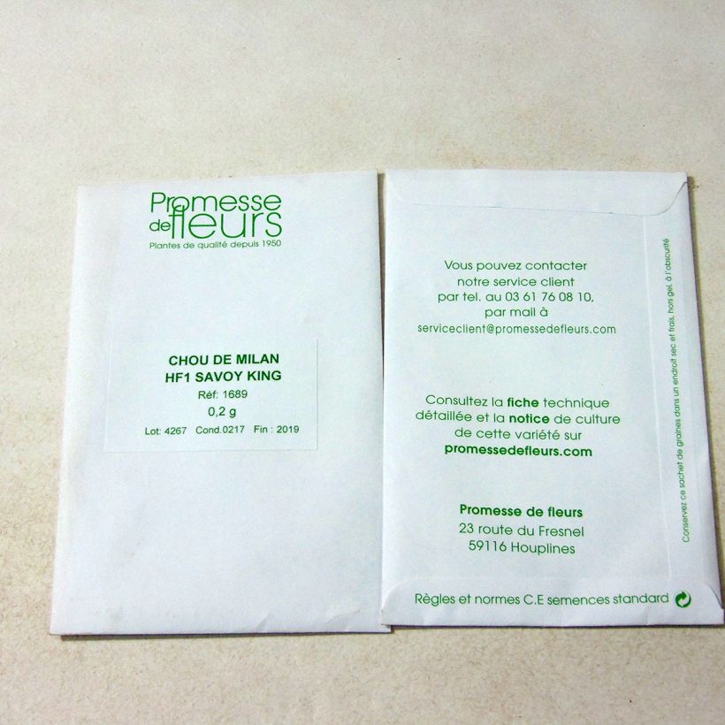 Voorbeeld van een exemplaar van Savooiekool Savoy King F1 het zakje met 800 zaden (2g) zoals geleverd