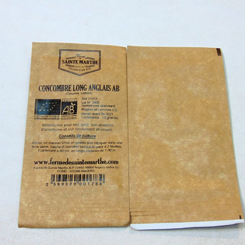 Voorbeeld van een exemplaar van Lange Engelse komkommer BIO - Ferme de Sainte Marthe het zakje met 15 zaden zoals geleverd