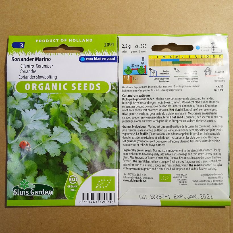 Voorbeeld van een exemplaar van Koriander Marino BIO - Coriandrum sativum het zakje met 325 zaden (2g) zoals geleverd