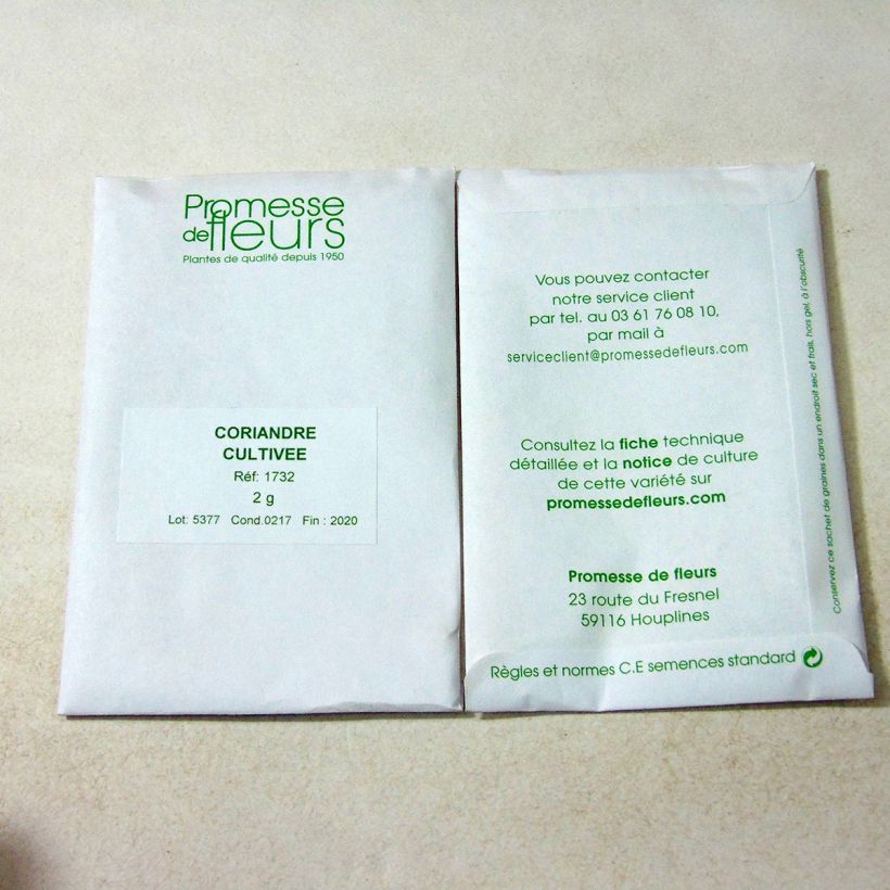 Voorbeeld van een exemplaar van Koriander - Coriandrum sativum het zakje met 120 zaden (2g) zoals geleverd