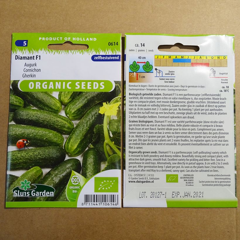 Voorbeeld van een exemplaar van Augurk Diamant F1 BIO het zakje met 12 zaden zoals geleverd