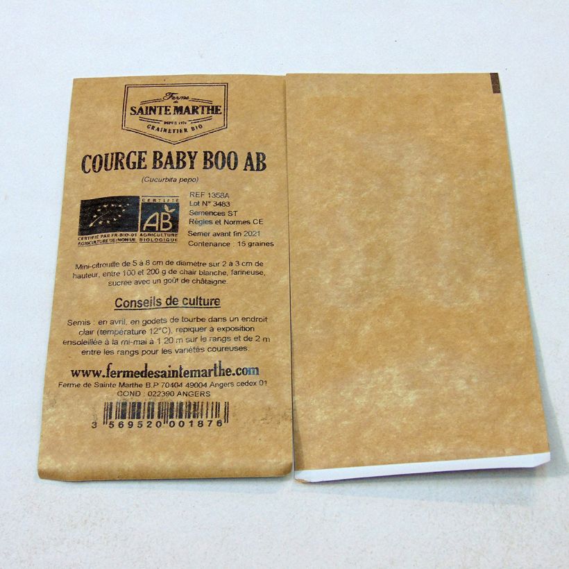Voorbeeld van een exemplaar van Pompoen Baby Boo BIO - Ferme de Sainte Marthe het zakje met 15 zaden (1g) zoals geleverd