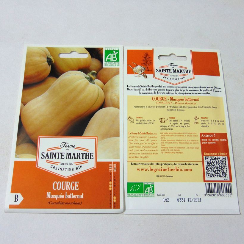 Voorbeeld van een exemplaar van Butternutpompoen BIO - Ferme de Sainte Marthe het zakje met 10 zaden (1.2g) zoals geleverd