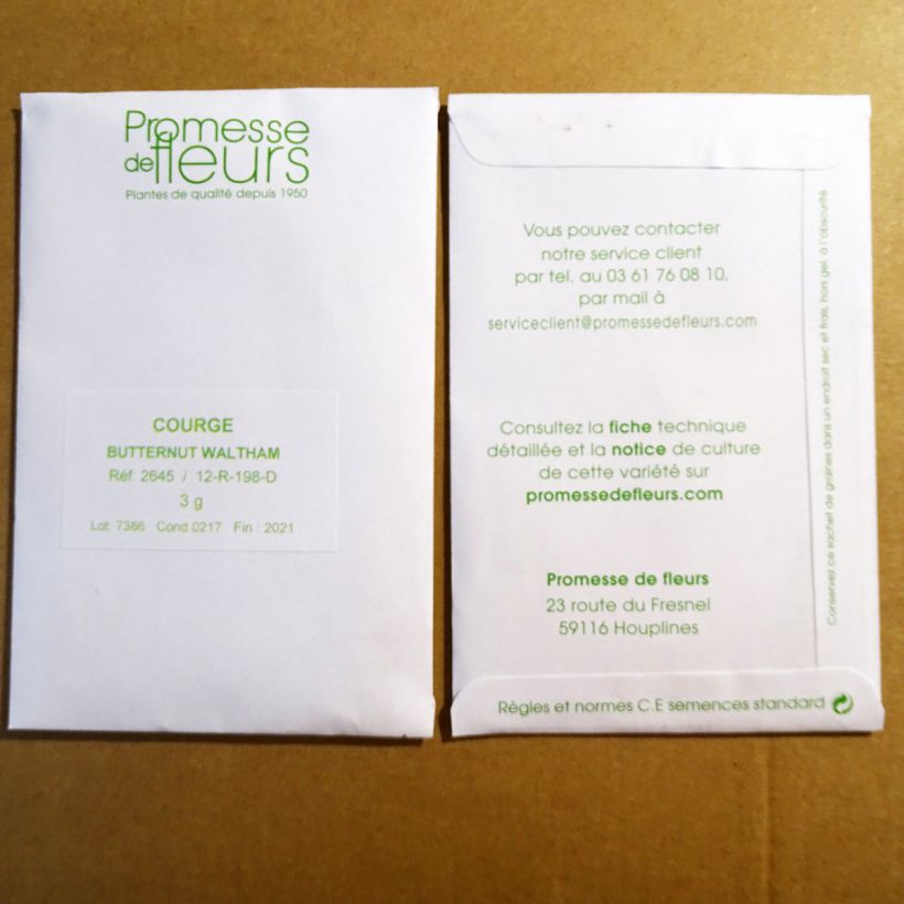 Voorbeeld van een exemplaar van Flespompoen Waltham Butternut het zakje met 25 zaden (3g) zoals geleverd