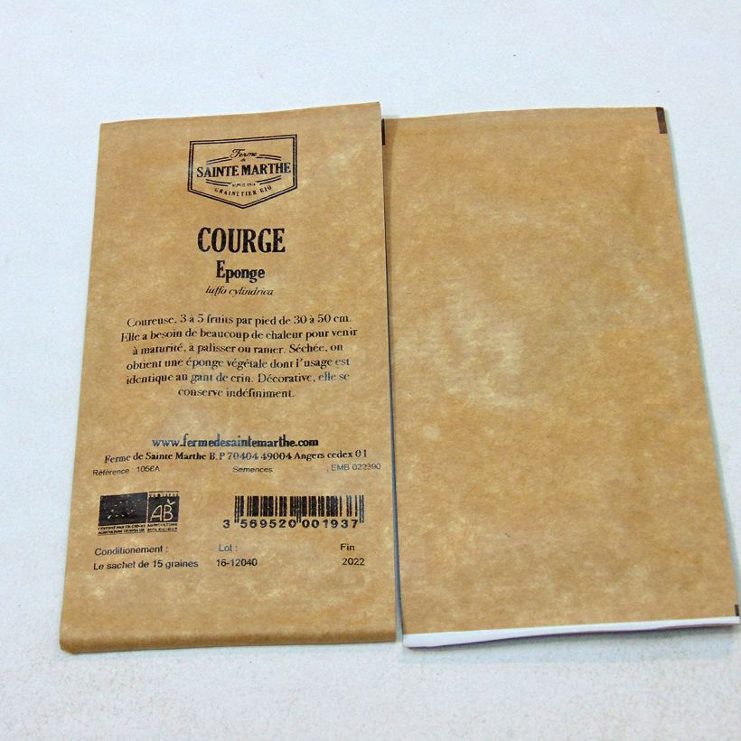 Voorbeeld van een exemplaar van Sponskomkommer BIO Ferme de Sainte Marthe - Luffa cylindrica het zakje met 15 zaden zoals geleverd