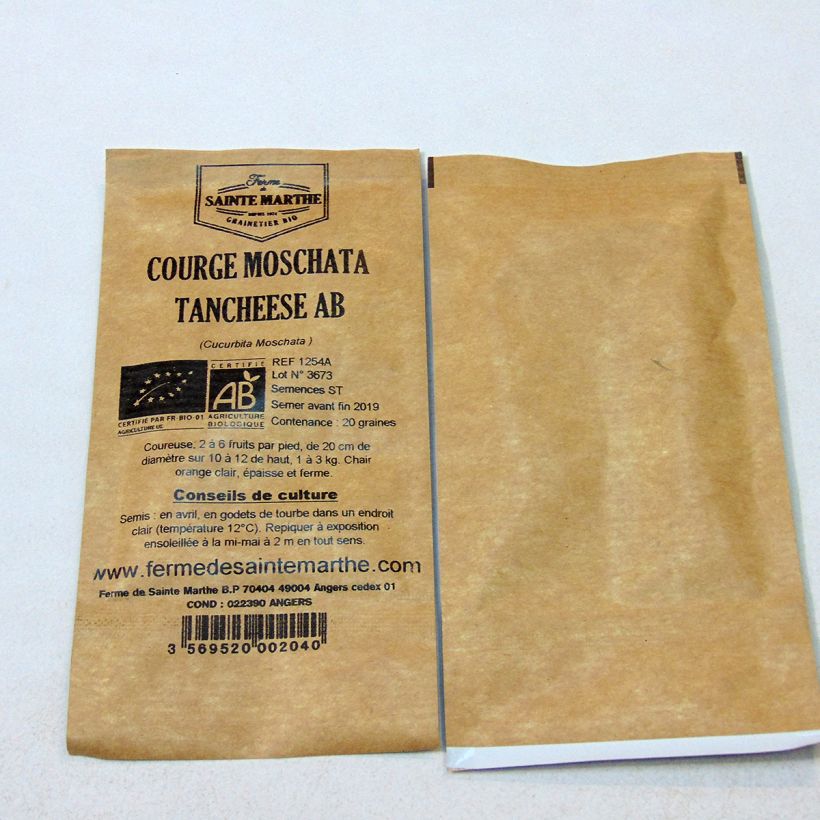 Voorbeeld van een exemplaar van Muskaatpompoen Tancheese BIO - Ferme de Sainte Marthe het zakje met 20 zaden (2g) zoals geleverd