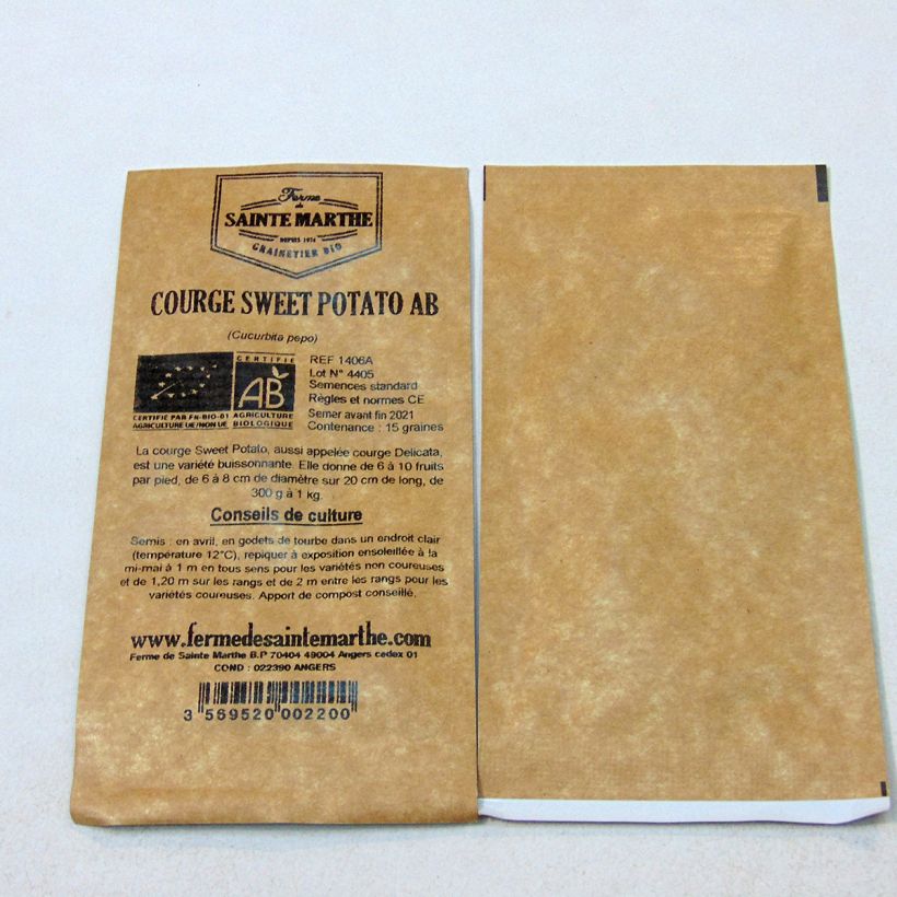 Voorbeeld van een exemplaar van Delicata-pompoen Sweet Potato BIO - Ferme de Sainte Marthe het zakje met 15 zaden zoals geleverd