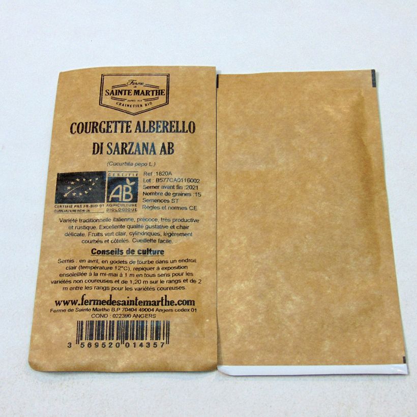 Voorbeeld van een exemplaar van Courgette Alberello di Sarzana BIO - Ferme de Sainte Marthe het zakje met 15 zaden (2g) zoals geleverd
