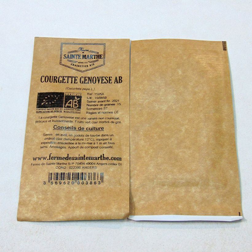 Voorbeeld van een exemplaar van Courgette Genovese BIO - Ferme de Sainte Marthe het zakje met 15 zaden (1g) zoals geleverd