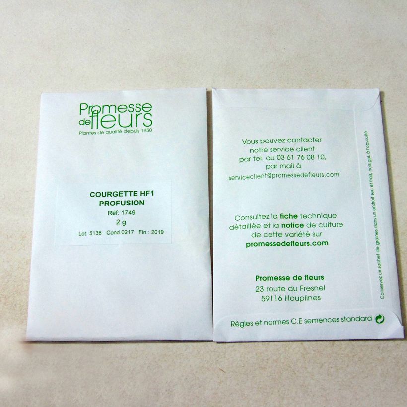 Voorbeeld van een exemplaar van Courgette Profusion F1 het zakje met 15 zaden (2g) zoals geleverd