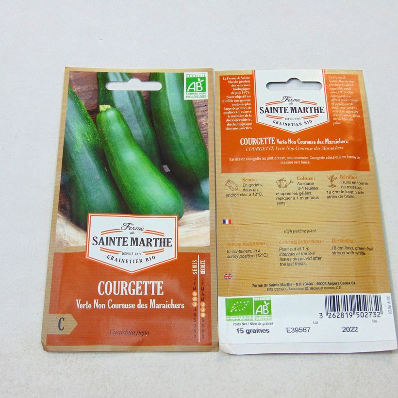 Voorbeeld van een exemplaar van Donkergroene niet-rankende courgette BIO - Ferme de Sainte Marthe het zakje met 15 zaden (1g) zoals geleverd