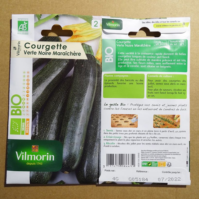 Voorbeeld van een exemplaar van Donkergroene courgette BIO - Vilmorin het zakje met 40 zaden (4g) zoals geleverd