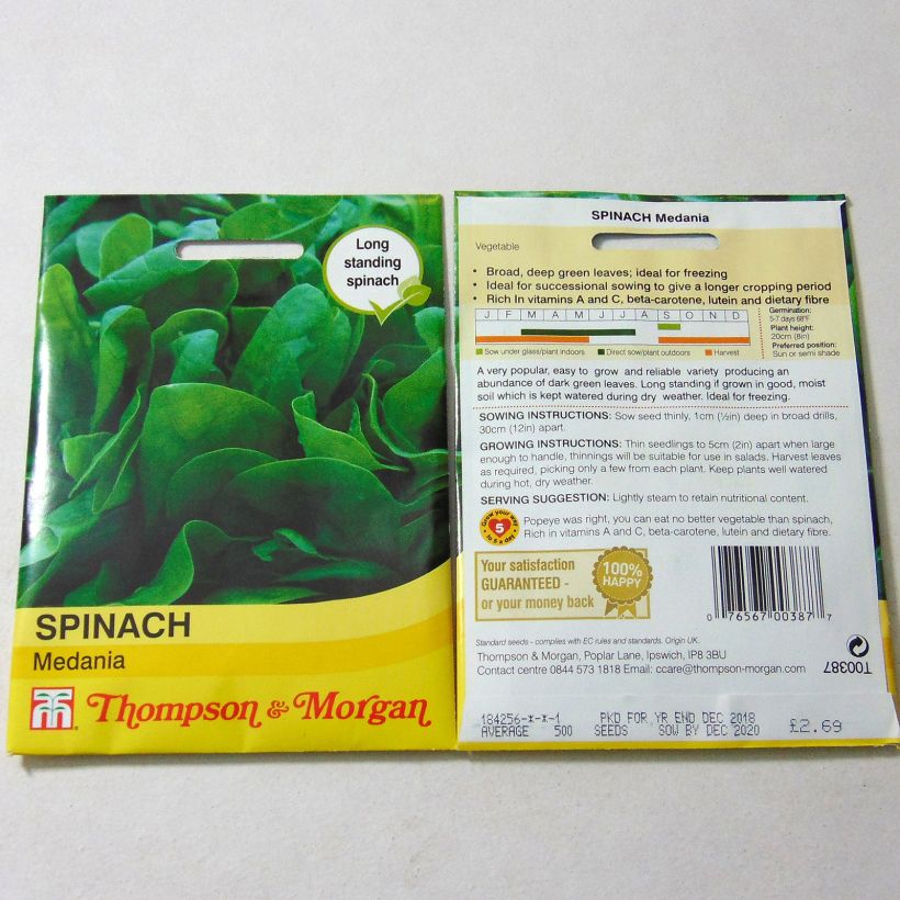 Voorbeeld van een exemplaar van Spinazie Medania het zakje met 750 zaden zoals geleverd